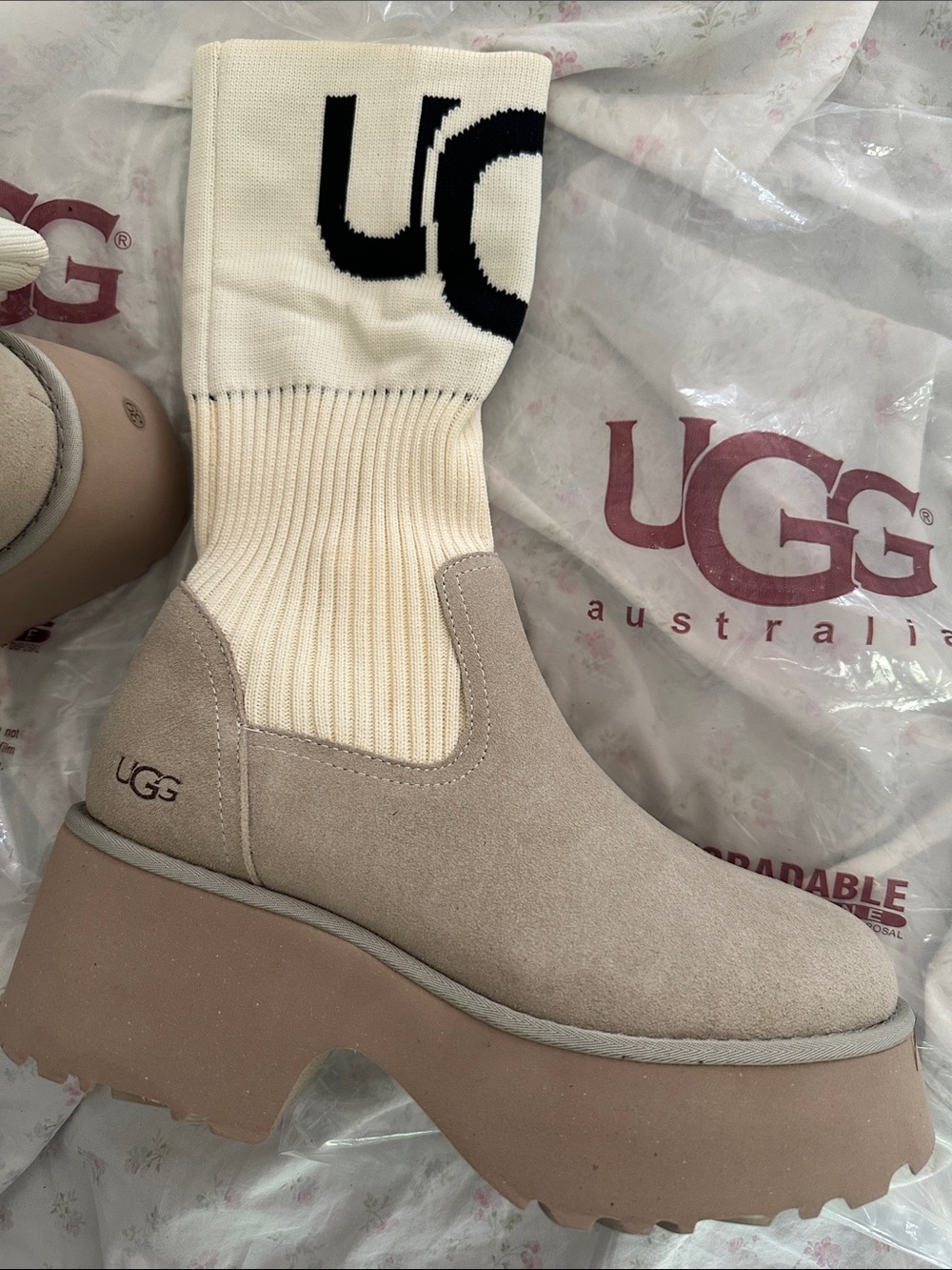 Women's Beige Suede Platform Boot with Cream Knit Sock Collar
